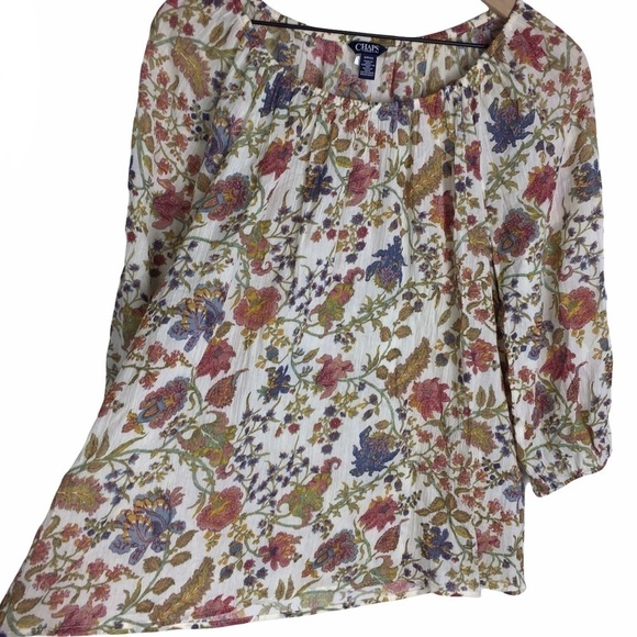 CHAPS Blouse Top Floral Peasant Elastic Scoop Neck Sheer Lightweight Size Small - Picture 3 of 10